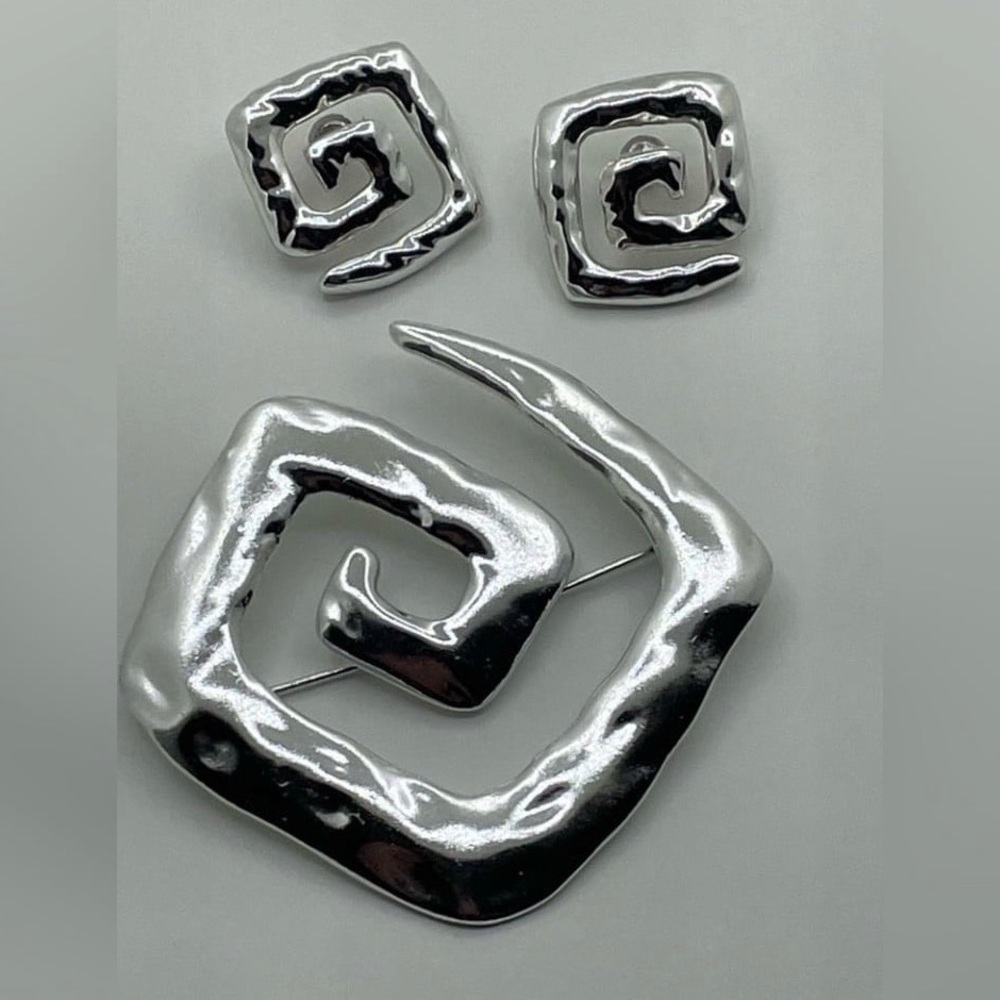 RARE Vintage 1980s Geometric Pin Brooch & Earrings Modernist Silver Tone Jewelry